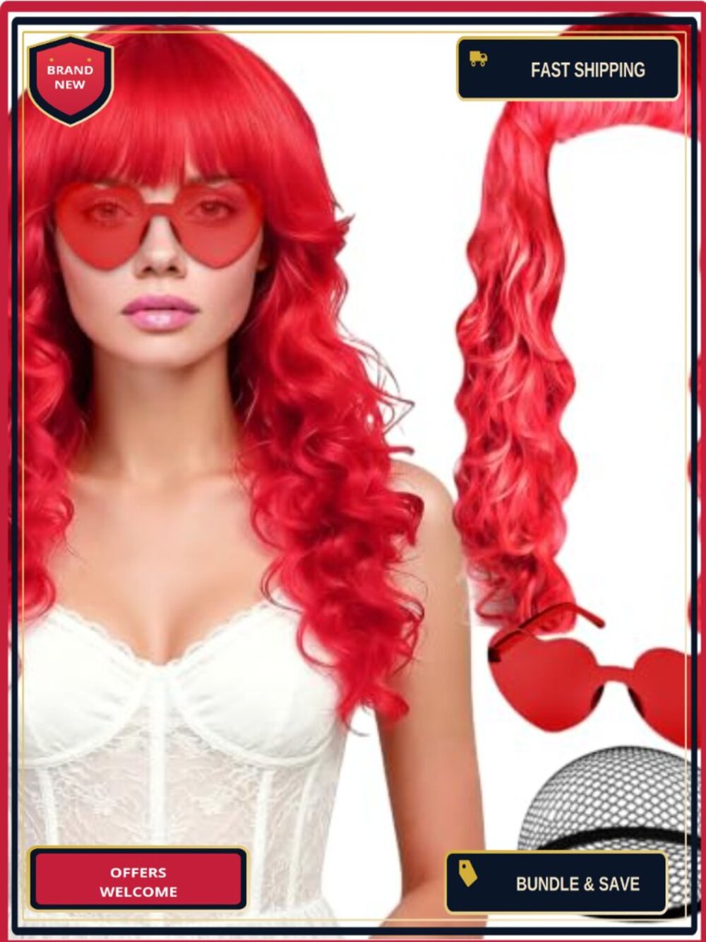 Long Wavy Wig with Bangs, Heart Sunglasses & Wig Cap Set, Synthetic Curly
